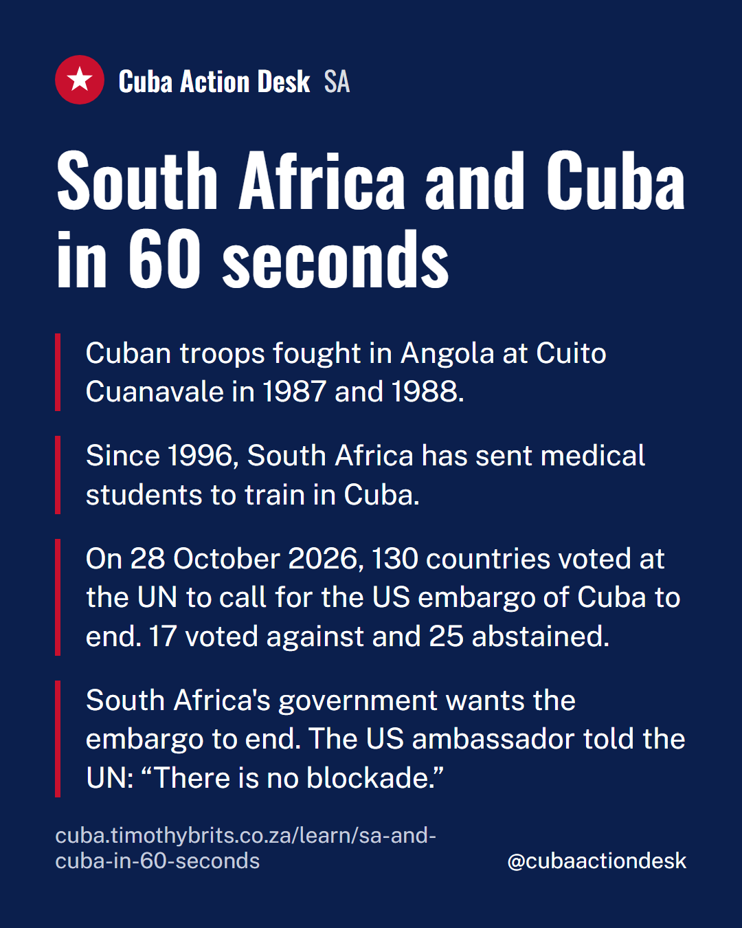 A plain-text summary card titled South Africa and Cuba in 60 seconds, with a few short lines of text on a plain background and the Cuba Action Desk SA name.